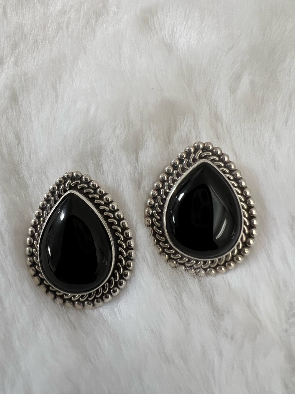Sterling Silver, Black Onyx Teardrop Vintage Earrings - Stamped MMS Mexico
